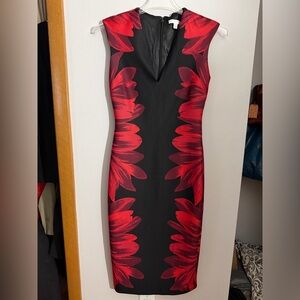 New York & Company Black Midi Dress with Red Floral Pattern